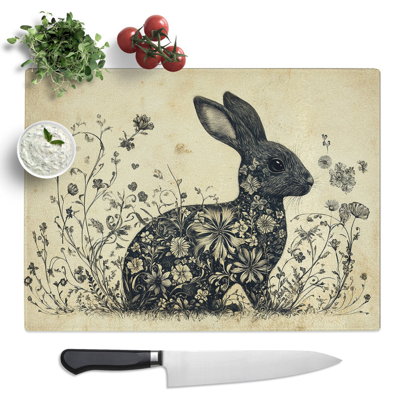 Floral Hare  Glass Chopping Board