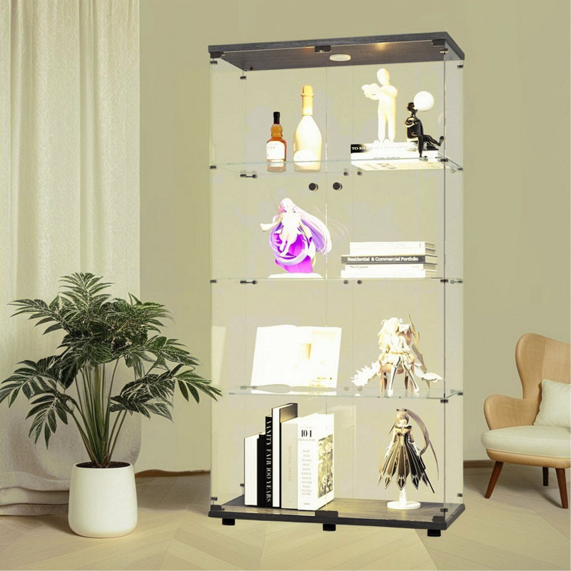 Vitrine éclairée à deux portes avec 4 tablettes vitrées, noir