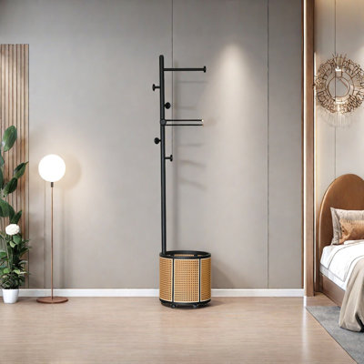 Wood Coat Rack with Rattan Basket