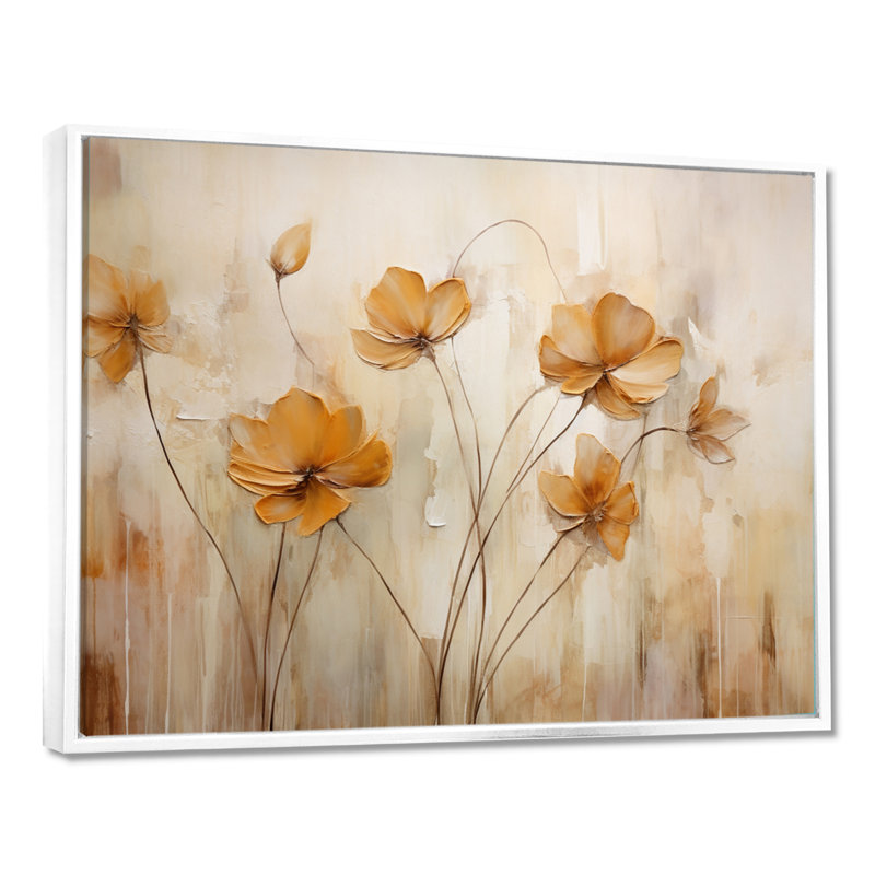 «Beige Botanical Impressions IV», reproduction d'art mural abstrait, H 12 po x l 20 po x P 1 po, Cadre flottant blanc