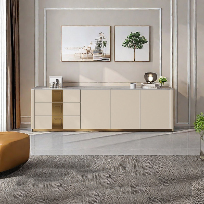 Meuble télé en pierre frittée de luxe de style français, Noir / blanc, 23.62”H x 62.99”W x 13.78”D
