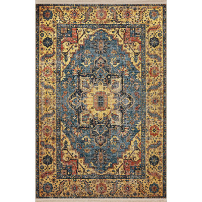 Blue-Yellow Themed Traditional Motif Ethnic Patterned Fringed Vintage Decorative Rug