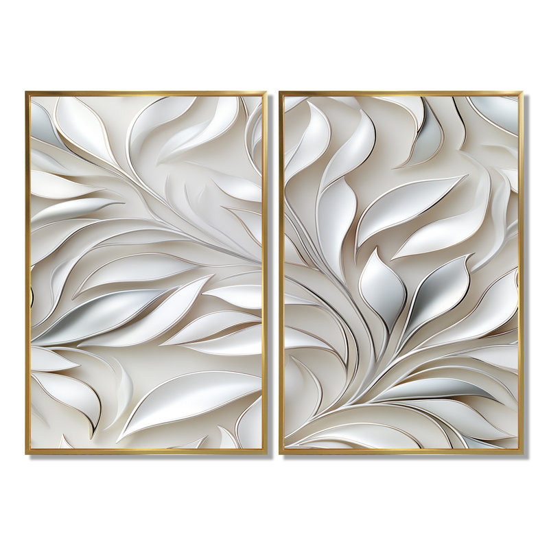 Abstrait argent et motif de fleurs blanches - Art mural sur toile blanche, H 36 po x l 48 po, Impression encadrée flottante