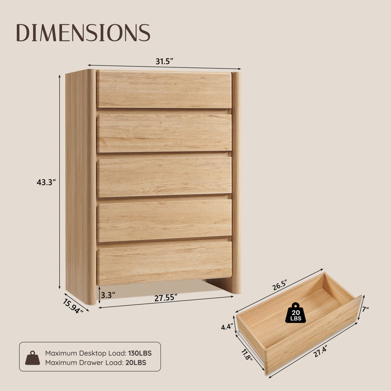 Commode 5 tiroirs Bolanos, 43.3" H x 31.5" W x 15.94" D, Naturel