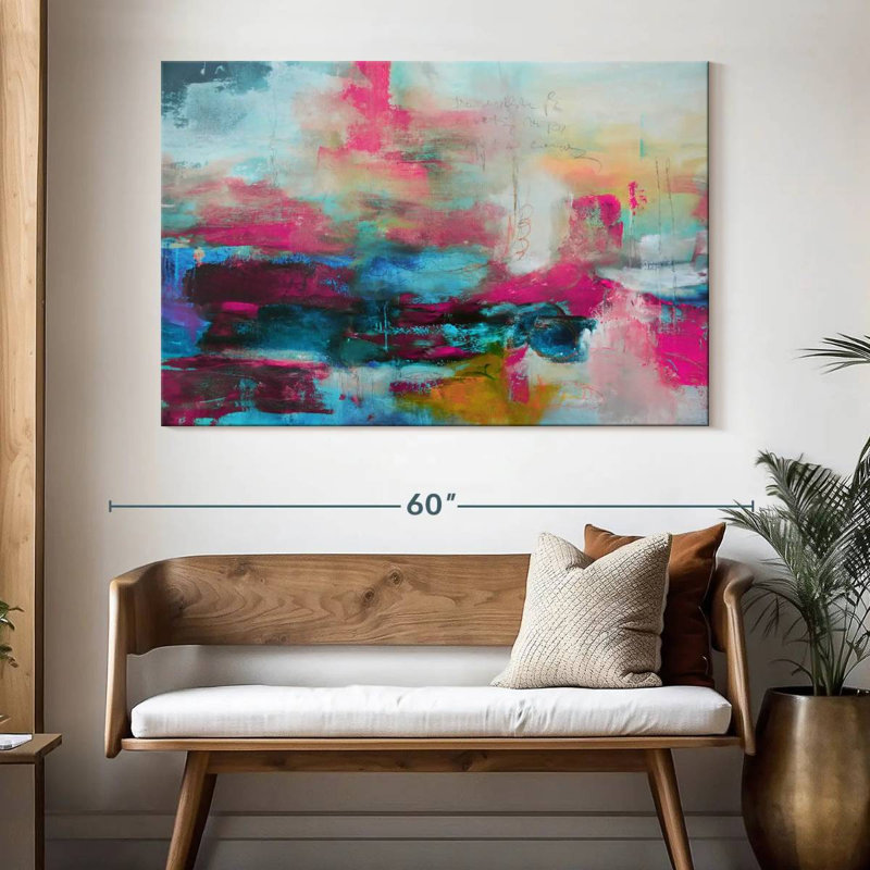 Avery abstrait rose turquoise, H 34 po x l 51 po