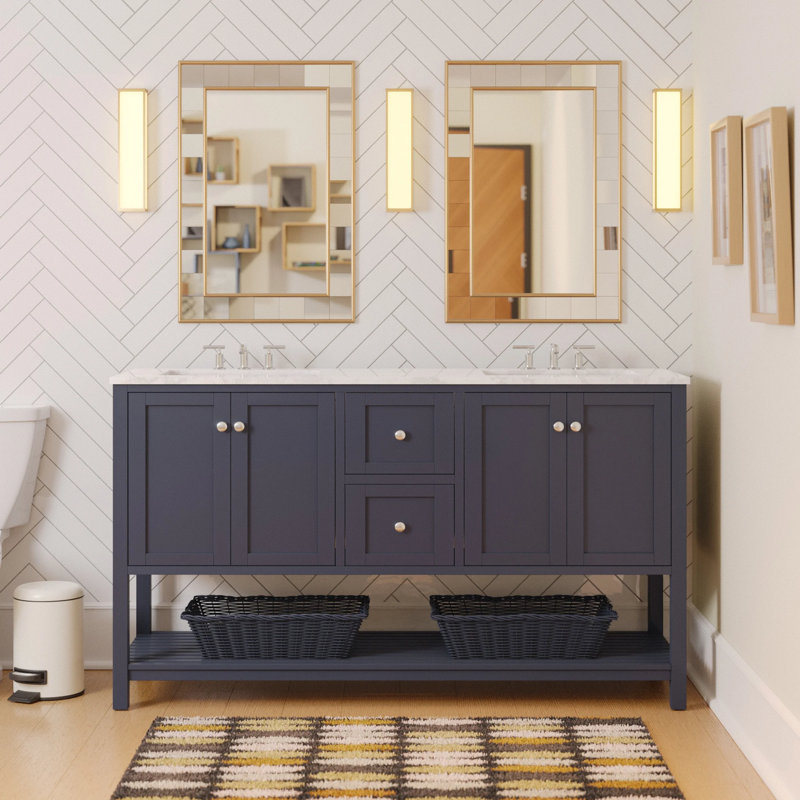 Ensemble de meuble-lavabo double 60 po Binne, Gris marine, Carrara d'ingénierie