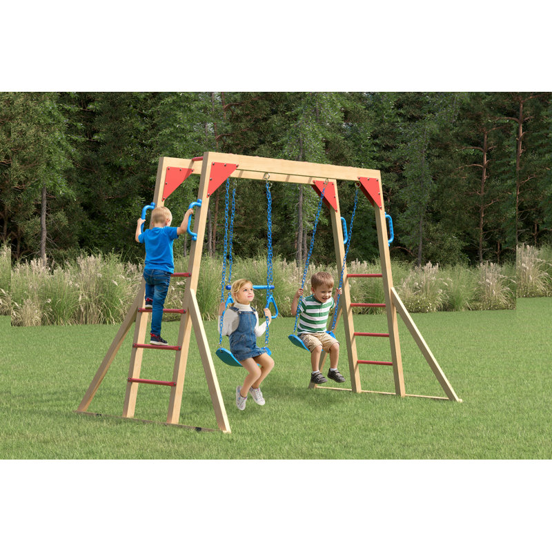 Balançoires d'extérieur pour la cour arrière avec bar à singes, ensemble de jeu en bois pour enfants avec balançoire en trapèze et 2 balançoires à ceinture