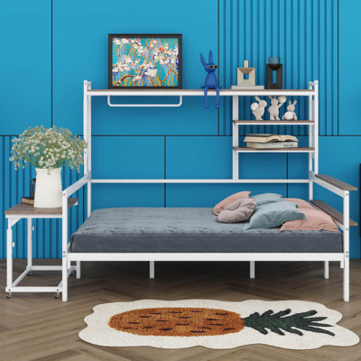 Metal Daybed With Removable Movable Desk, Metal Bed With Metal Grid And Shelves And Clothes Hanger