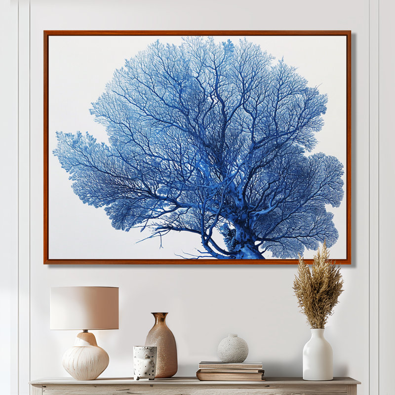 Corail bleu détaillé sur fond blanc rétro Illustration - art mural corail, salon, Cadre flottant brun, H 34 po x l 44 po