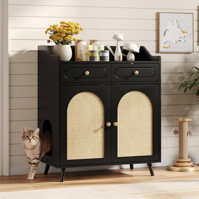 Cat Litter Box Enclosure Furniture With Double Rattan Scratching Board Doors