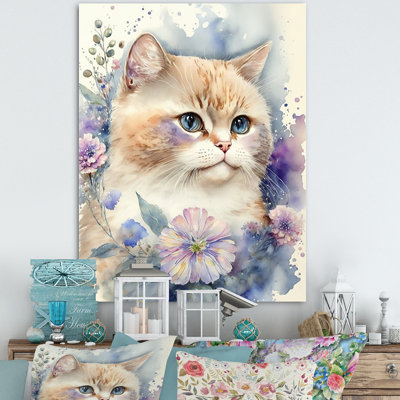 Petit chaton entouré de fleurs colorées III - animaux, art mural sur toile