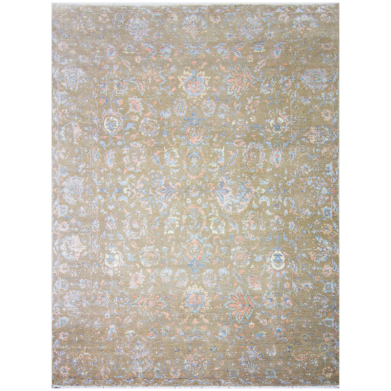 Tapis naturel / bleu clair / rose noué à la main de haute qualité, Rectangle 9 pi x 12 pi