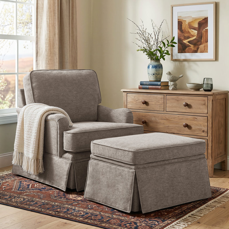 Upholstered Skirted Swivel Accent Arm Chair With Storage Ottoman, Light Brown Chenille