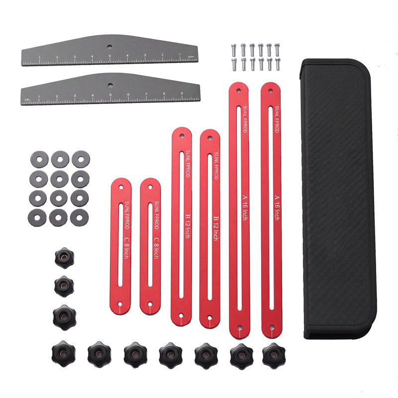 Ensemble de gabarit de mesure d'escalier rouge pliable en aluminium, règle multifonctionnelle avec accessoires complets et sac de rangement portable, outil de mesure précis pour le travail du bois et la construction