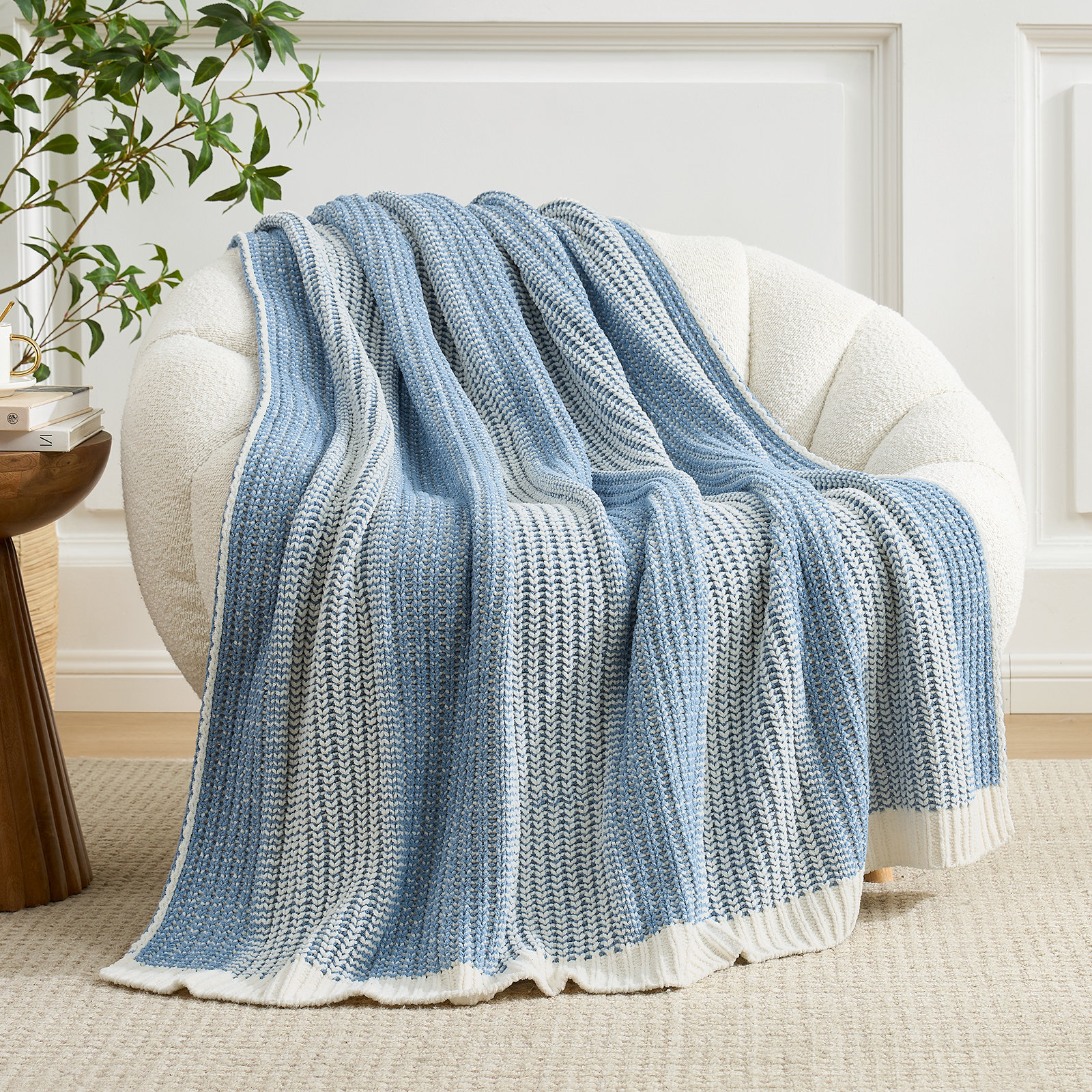 Luxurious Chunky Knit Soft Chenille Two-Tone Throw Blanket - Blue/Ivory Striped
