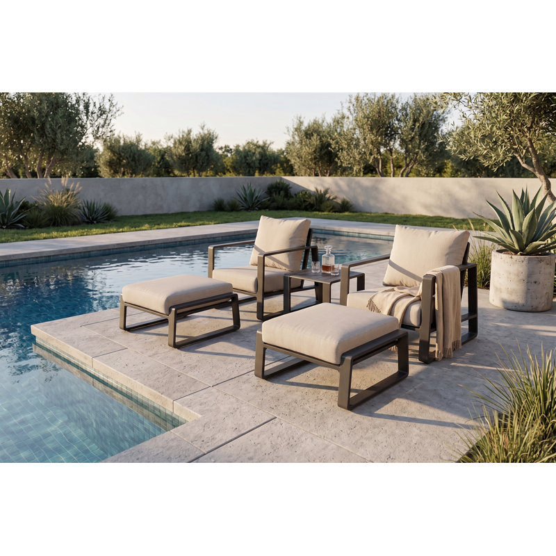 Ensemble de conversation d'extérieur en aluminium 5 pièces avec 2 fauteuils club, 2 repose-pieds et table de bout avec coussin