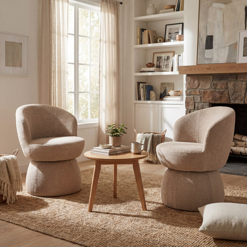 Upholstered Boucle Accent Chair Swivel Armless Barrel Chiar, Coffee Polyester Blend