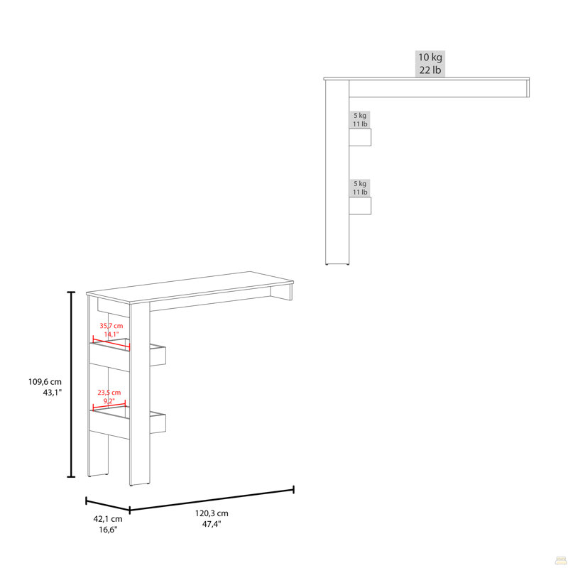 Table de bar H 43,1 po, 3 tablettes, blanc - Cuisine