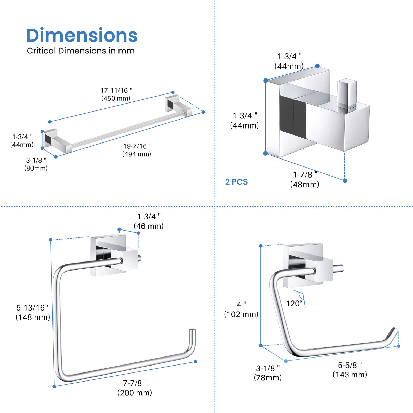 Cube 5-Piece Bathroom Hardware Set, Chrome