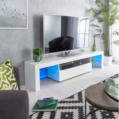 Vardy 78" Extra-Deep High-Gloss TV Stand w/ LED Accent Lights, Soundbar Shelf & 2-Door Cabinet — Modern 78" Media Console (17.7" D) with Open Shelves