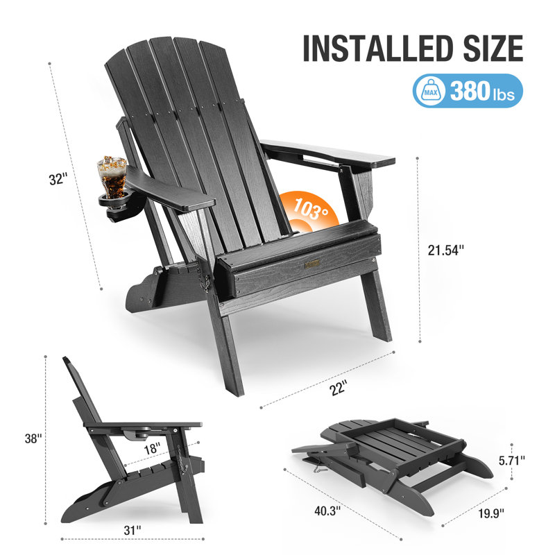 All Weather HDPE Folding Outdoor Adirondack Chair With Cup Holders Durable Oversized Fire Pit Chair Easy Assembly Easy Maintenance Patio Lawn Chair With 380Lbs Load Bearing For Porch, Garden, Backyard, Patio, Deck, Fire Pit, Gray（set of 4）