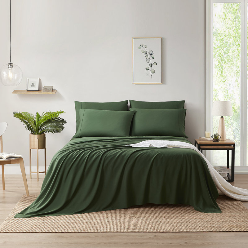 Ensemble de draps en bambou et lin, Vert forêt, Ensemble de draps pour grand lit avec 2 taies d'or