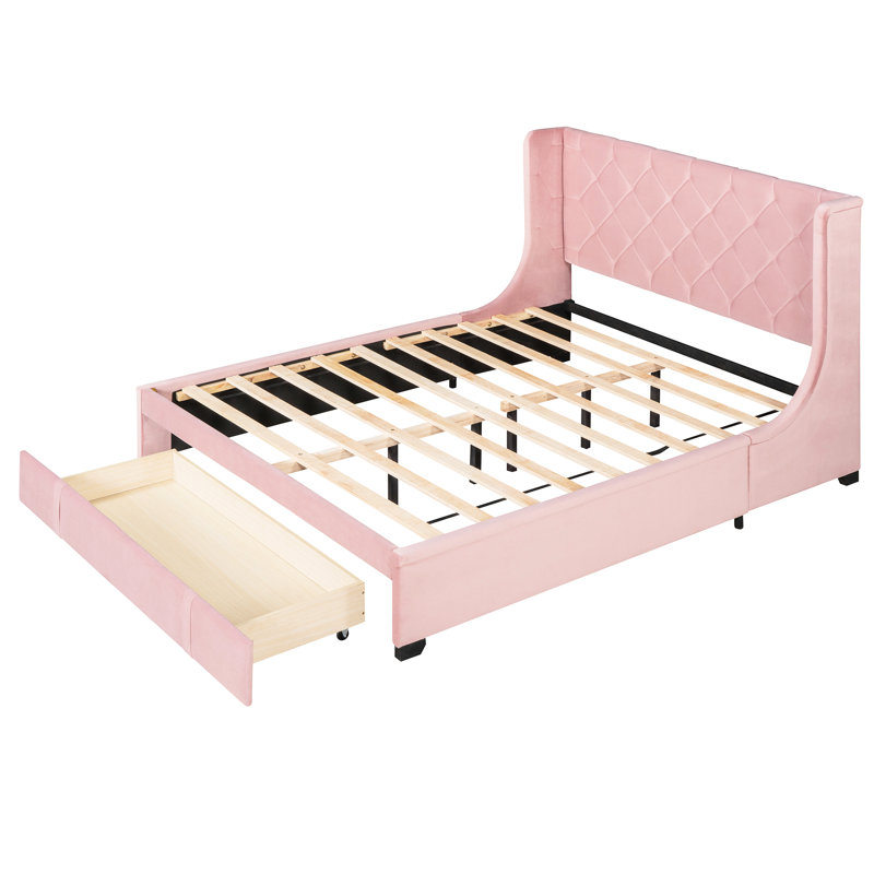 Lit tapissier grand en velours rose avec structure, tête de lit à oreilles et plateforme à grands tiroirs - option pratique