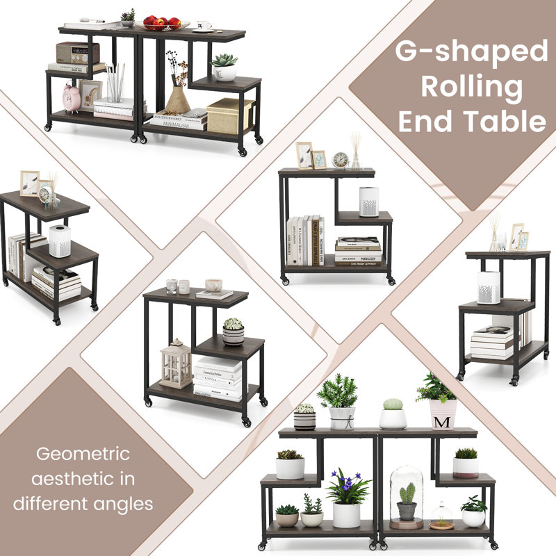 G-Shaped 3-Tier Mobile W/Open Shelves Side Table
