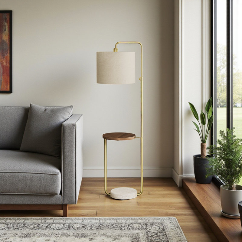 Henson 67"H Floor Lamp, Usb Port Included & Brass Metal & Beige Shade