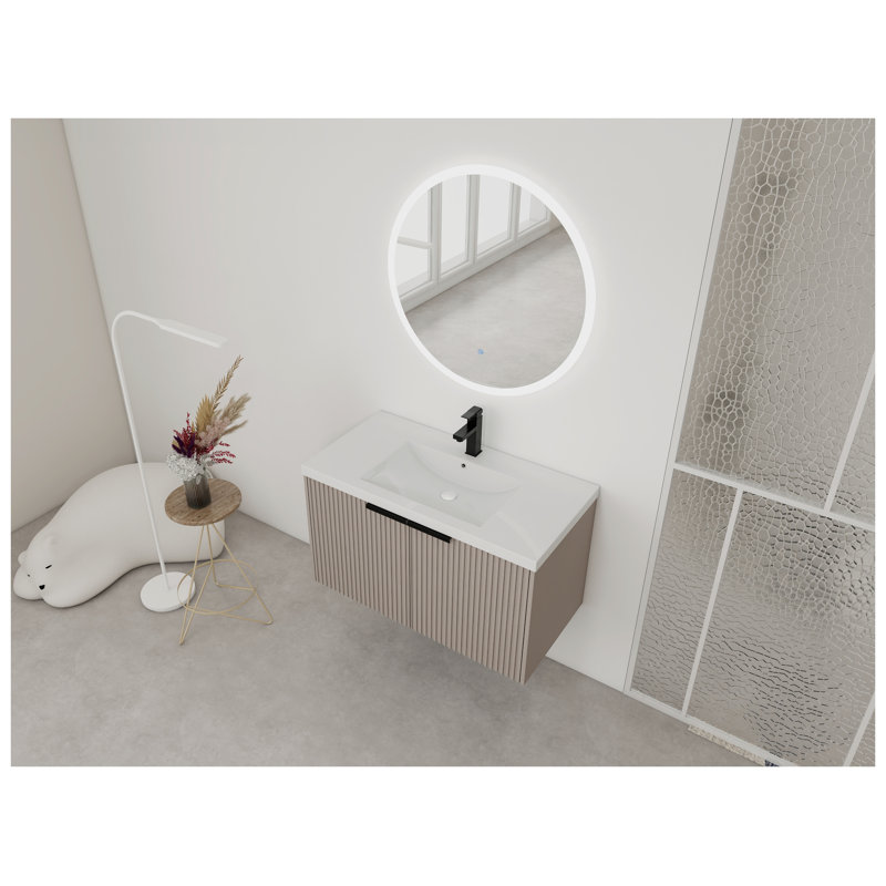 Meuble-lavabo mural 36 po avec lavabo en résine et portes à fermeture en douceur, kaki, Beige, Does Not Apply