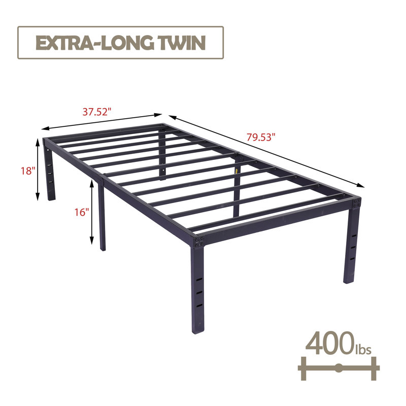 Structure de lit en acier 18 po, Simple extra long, Noir