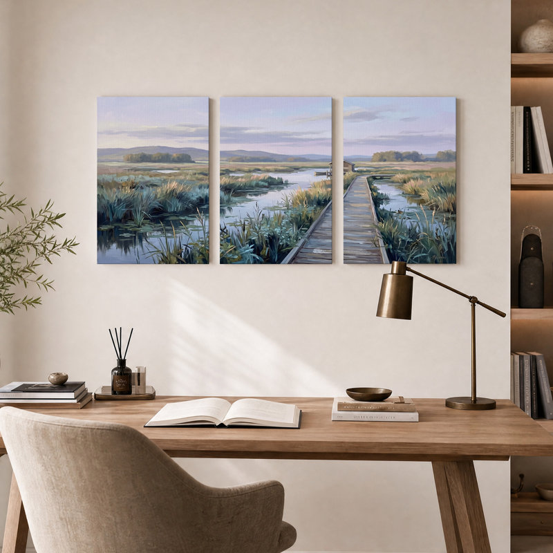 Ensemble de 3 toiles murales représentant une passerelle en bois traversant un marais vers un abri, 36"H x 24"W x 3pcs