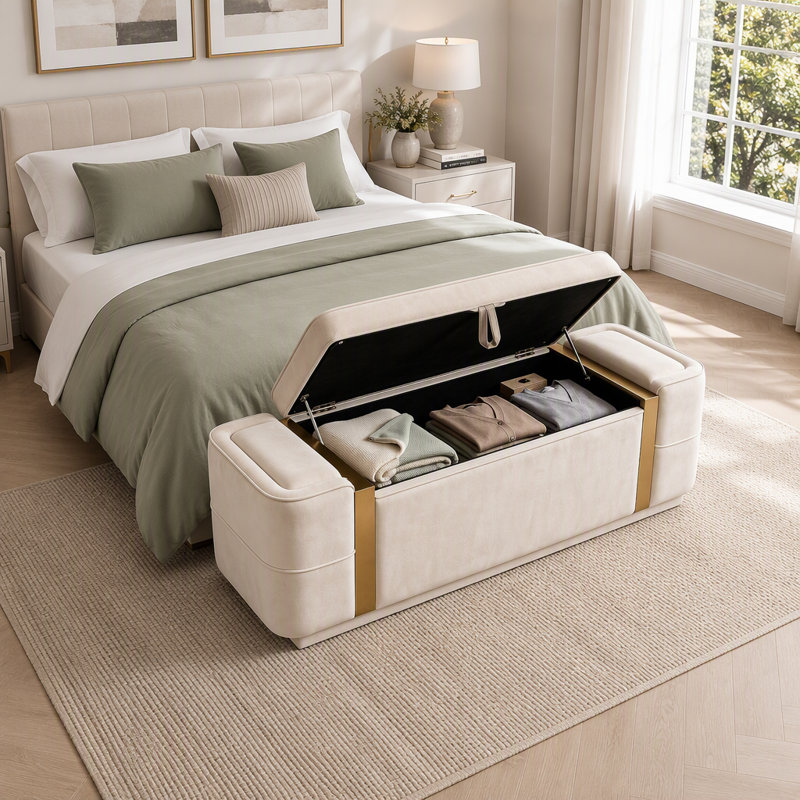 Banc de rangement avec repose-pieds Modern, Beige, Beige, Beige