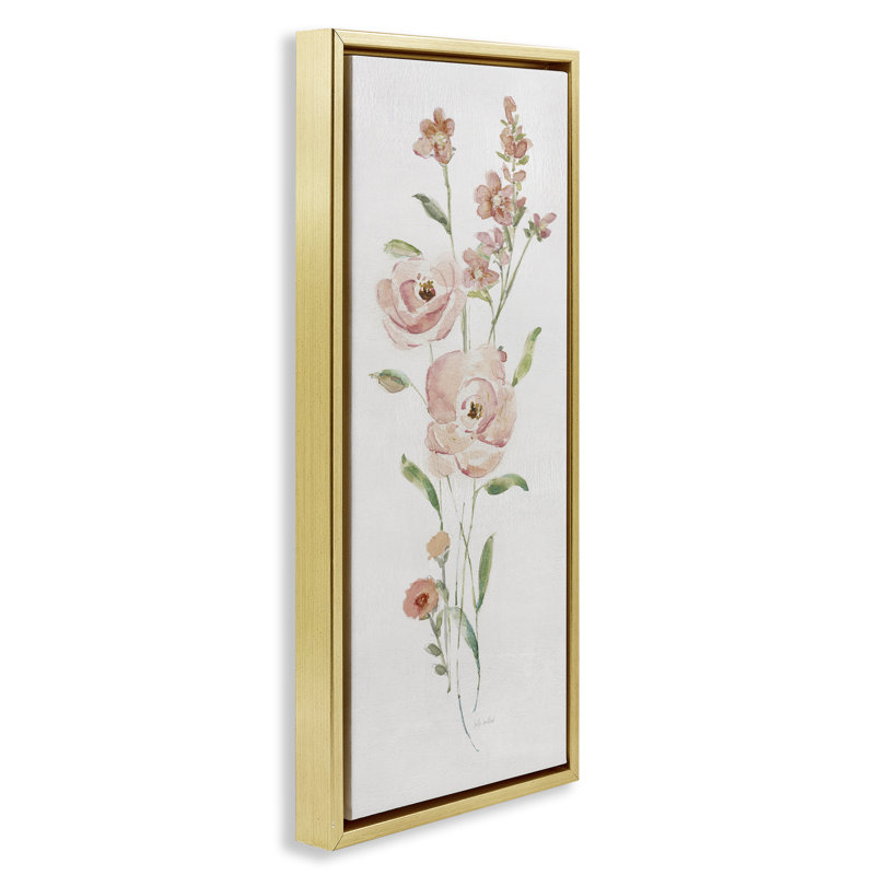 «Pastel Rose Sprigs», art mural encadré par Sally Swatland, Cadre flottant métallique doré, H 25 po x l 11 po