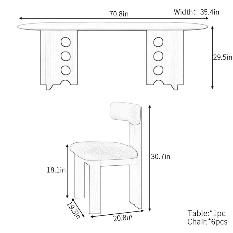 Ensemble de table à manger ovale de style français, 29.5"H x 70.8"L x 35.4"W