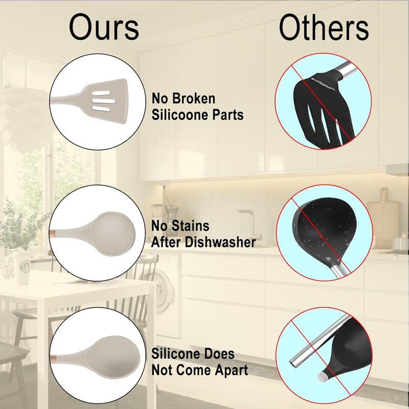 19-Piece Khaki Silicone and Wood Cooking Utensil Set
