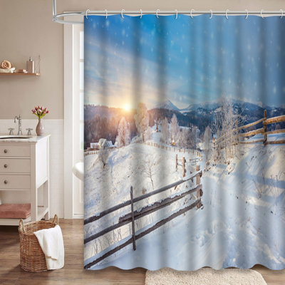 Rideau de douche Winter Country Snowy Road Evergreen Forest avec 12 crochets