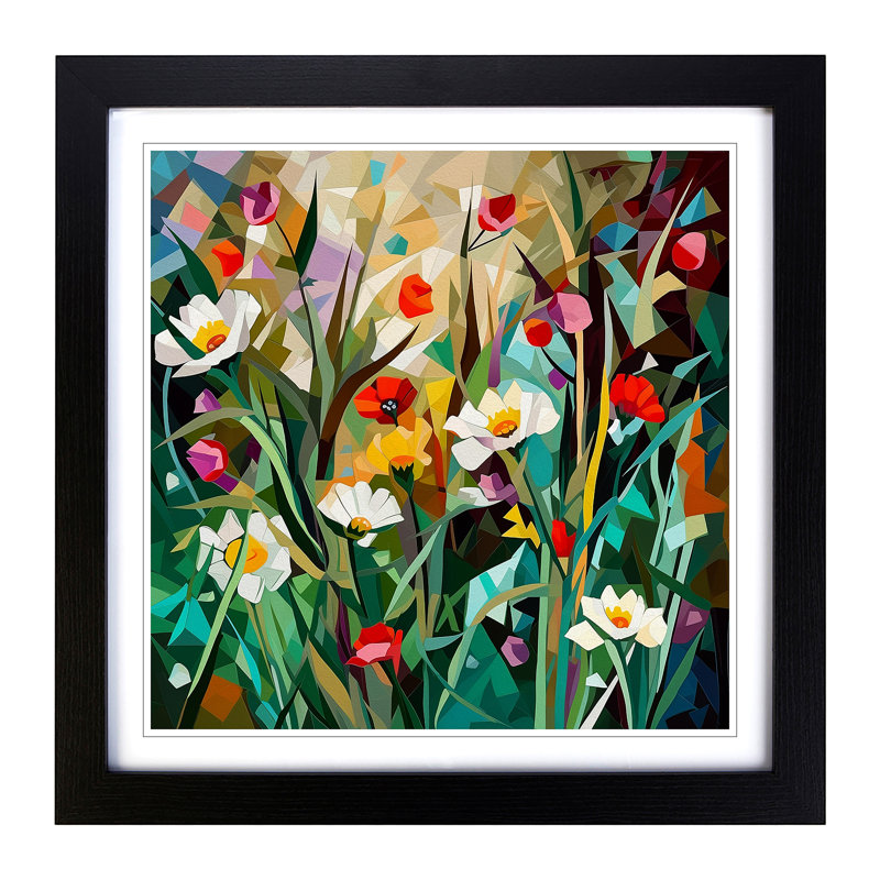 Wildflowers Cubism No.2 - Single Picture Frame Print on Wood, Black