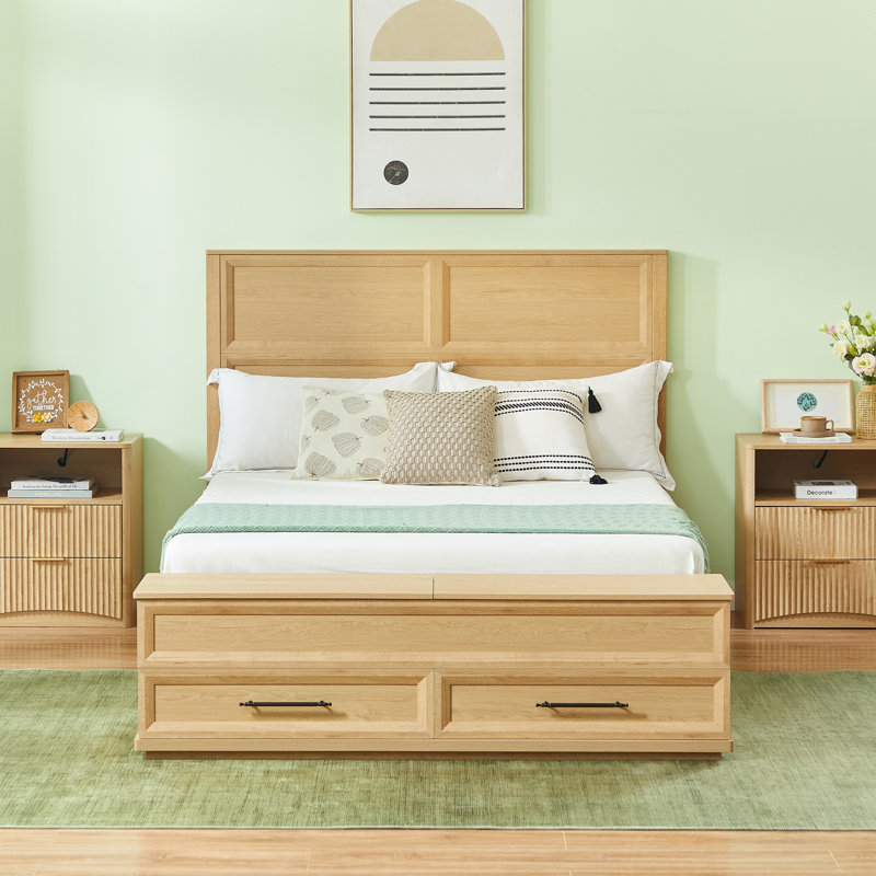 Lit avec tête de lit géométrique 3D et banc de rangement - rangement à 4 tiroirs, mobilier de chambre moderne, Grand lit, Oak