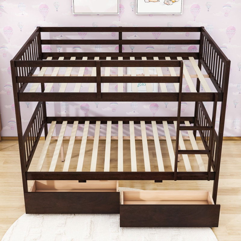 2 Drawers Wooden Bunk Bed with Ladder, Espresso, Full Over Full
