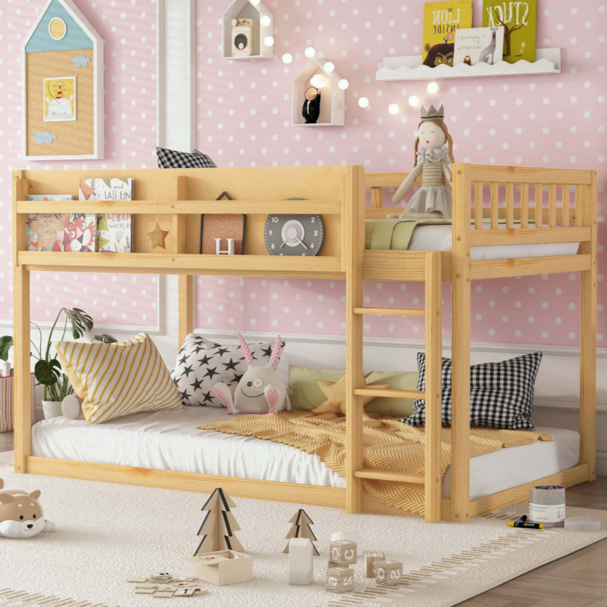 Latitude Run® Bunk Bed, Floor Bunk Bed With Ladder, Solid Wood Twin ...