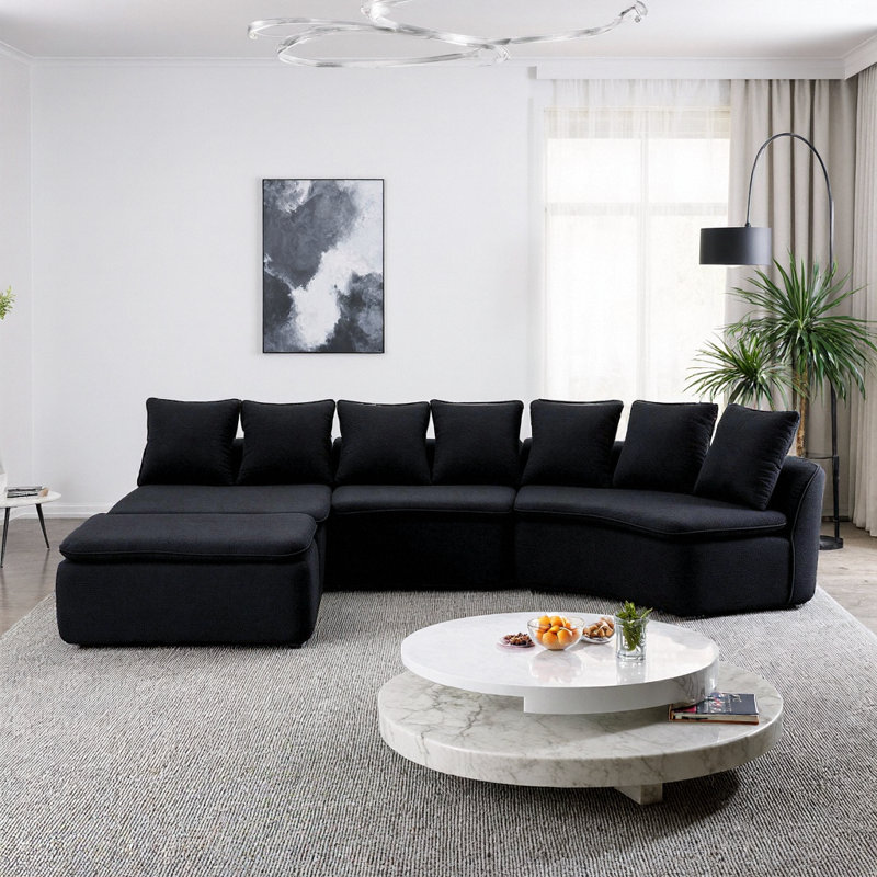 133 Inch Woodgrain Chenille Modular U-Shaped 10-Seat Sectional Sofa with Removable Recliner for Large Spaces, Black