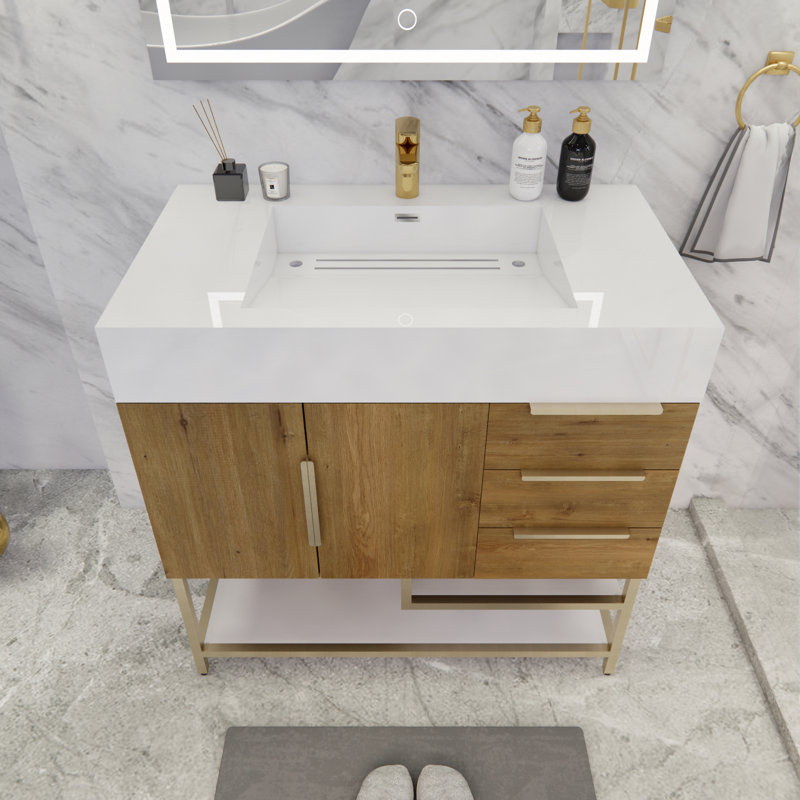 Glasgow 35.5'' Single Bathroom Vanity with Acrylic Top, Glossy White, Oak