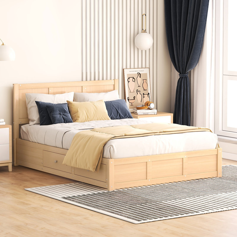Lit plateforme en bois avec espace de rangement inférieur et 2 tiroirs - stable, couleur naturelle, meubles de chambre à coucher