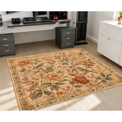 Tapis vintage à motifs floraux et oiseaux, style rustique, surface en velours, lavable à la machine et antidérapant. Décoration intérieure artistique idéale pour le salon, la chambre à coucher, l'entrée, la cuisine ou le balcon.