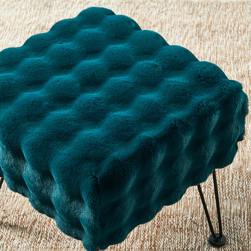Upholstered Ottoman, Teal Faux Fur