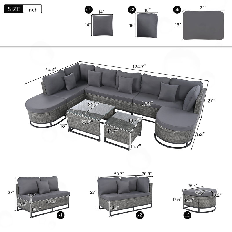 Ensemble modulaire d'extérieur 7 pièces avec 2 tables basses, Gris