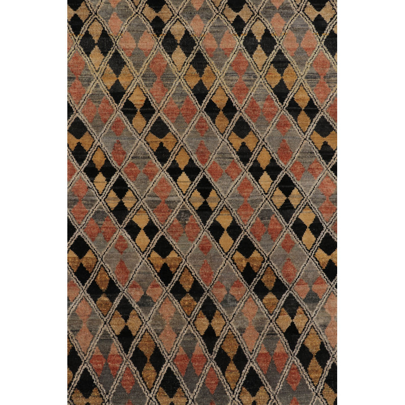 Rug & Kilim’S Modern Rug In Black, Charcoal And Gold Diamond Geometric Pattern