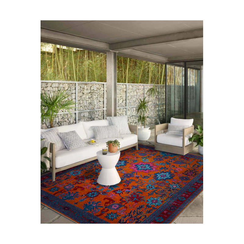 Tapis à motif tissé à motif vintage orange-mauve, Rectangle 4 pi 7 po x 6 pi 6 po