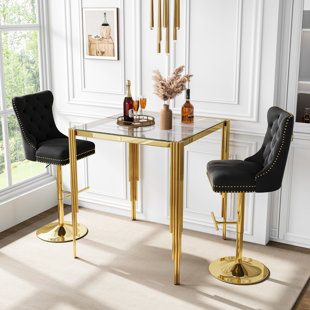 Modern Square Glass Bar Table Set, 37" Clear Tempered Glass Top And Irregular Stainless Steel Legs, Velvet Padded Swivel Bar Stools With Tufted Back And Nailhead Trim